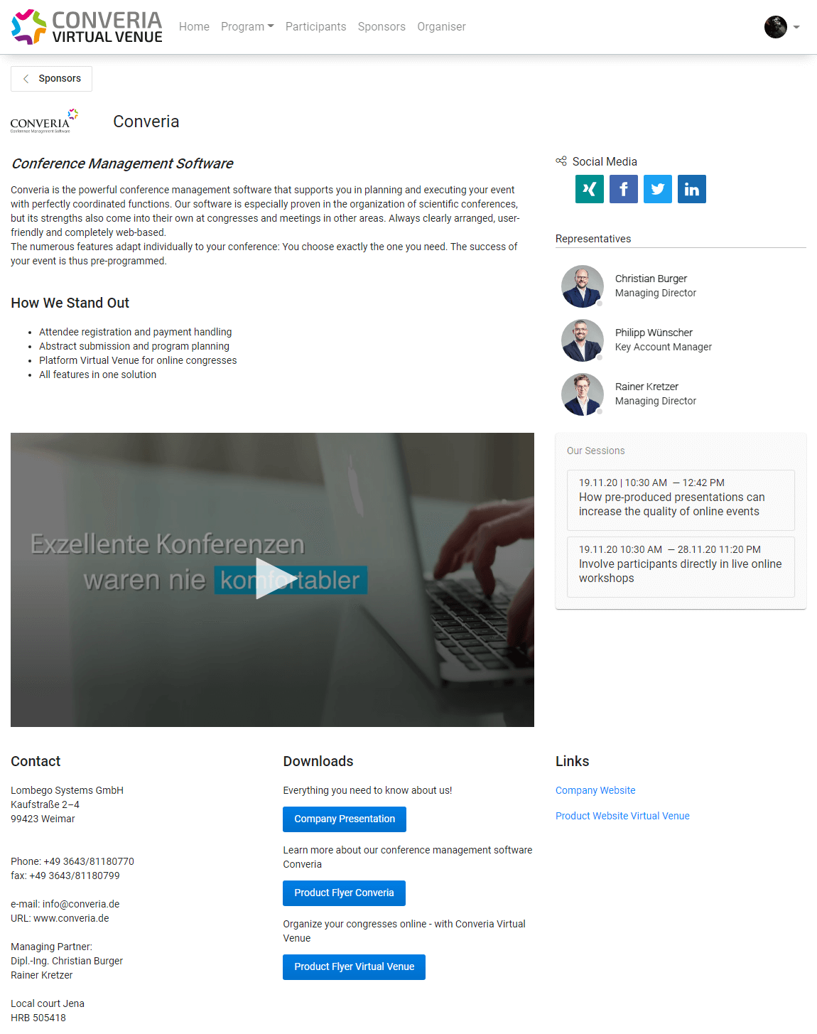 Conference Management Software Converia sponsor profile in the Virtual Venue